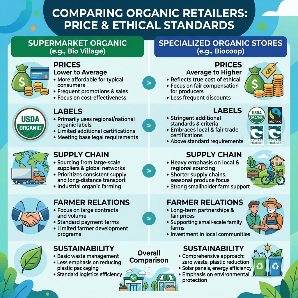 Comparaison éthique et prix entre Bio Village et Biocoop