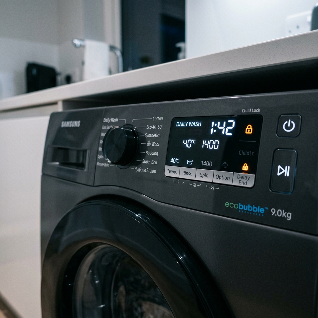 Panneau de contrôle affichant les codes d'erreur dC, dL, LO sur une machine à laver